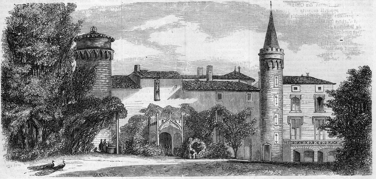 Architecture: view of the castle of Saint Point, residence of Alphonse de Lamartine. Saone and Loire. Engraving in 