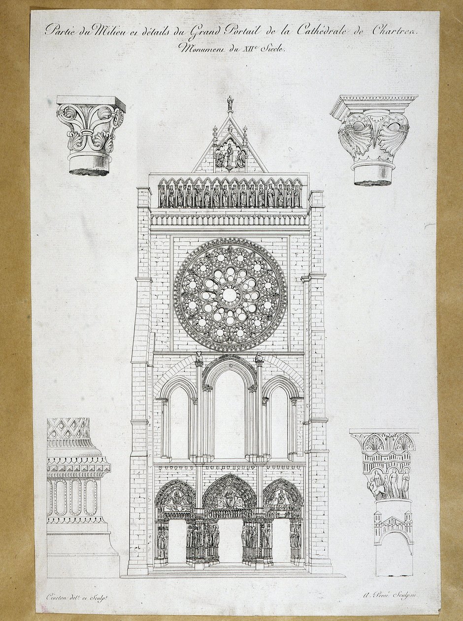 Architecture: view of the grand portal of the Cathedrale de Chartres - Monument of the 12th century Plate of the 19th century by French School