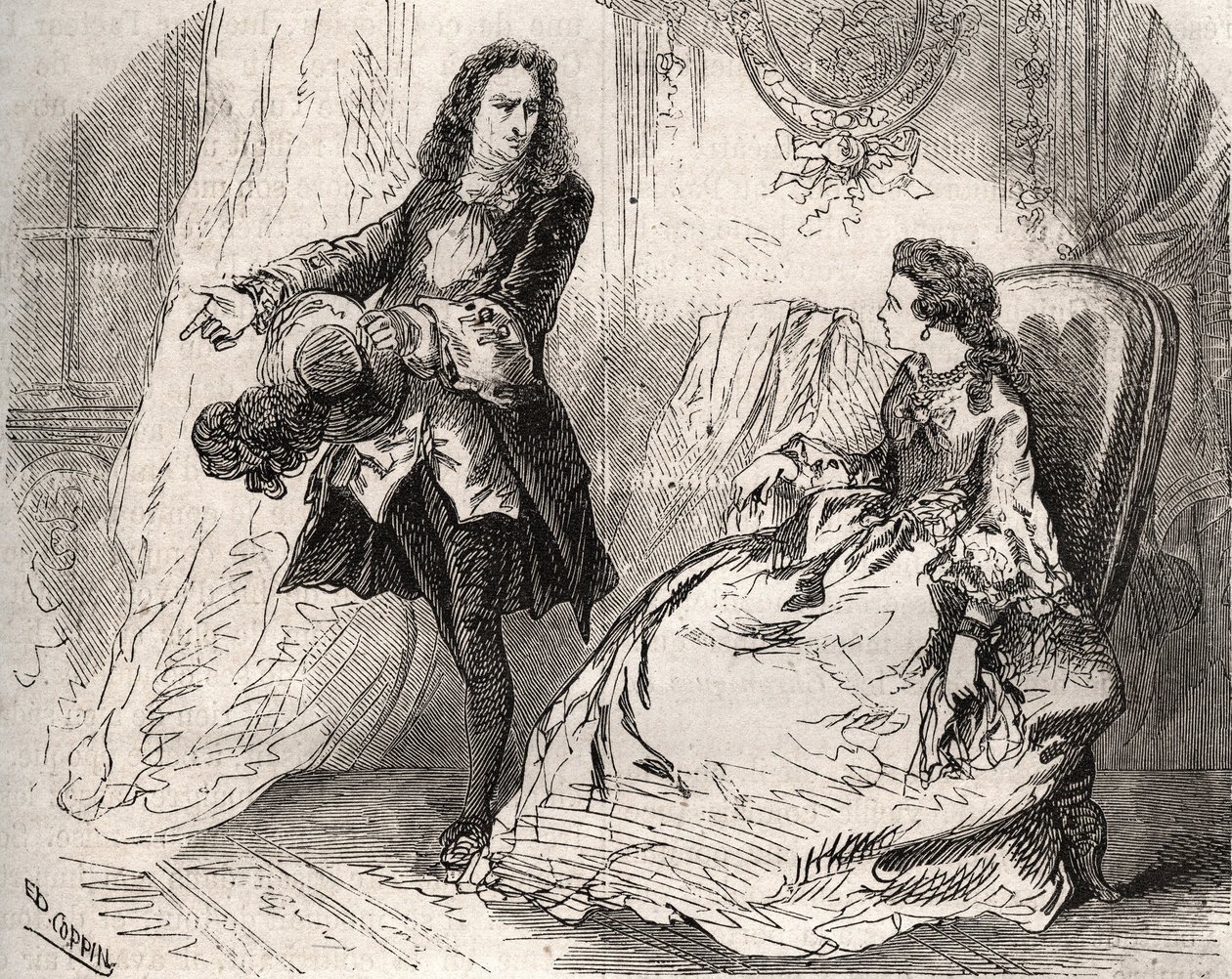 Armande Bejart (1641-1700), Wife of Jean-Baptiste Poquelin dit Moliere (1622-1673) with Her Lover, the Count of Guiche, Engraving of 1871 in 