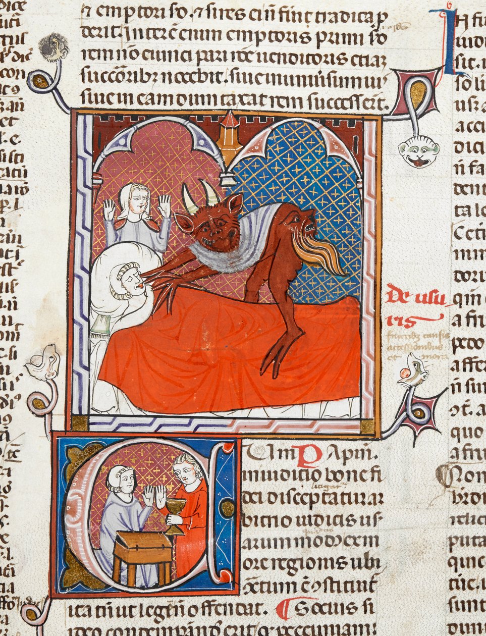 A devil or demon on the bed of a dead person, illustration from Digestum Vetus with gloss ordinaria, by Justinian, c.1300-10 by French School