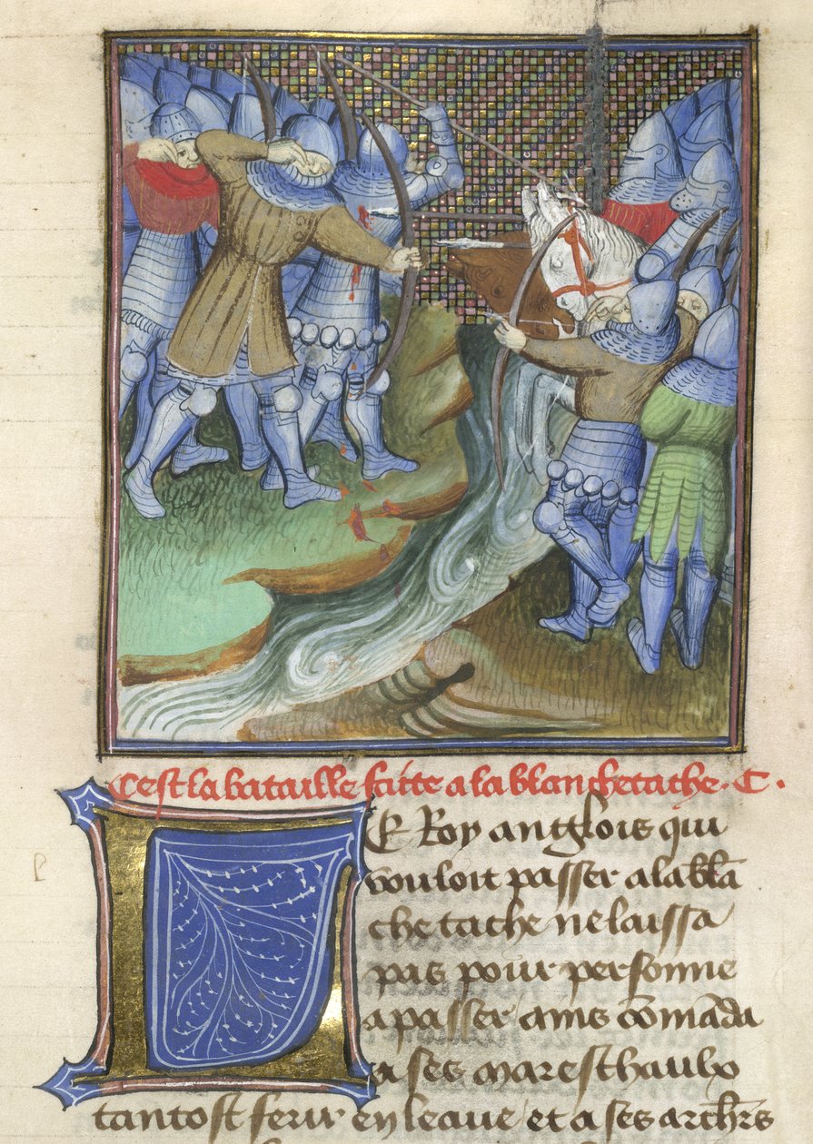 Medieval soldiers fighting, across a river, from Chroniques d