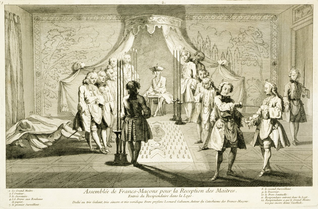Assembly of Free Masons for the Initiation of a Master, the entrance of the candidate to the lodge, from The Ceremonies of Religion and Custom, c.1733 by French School