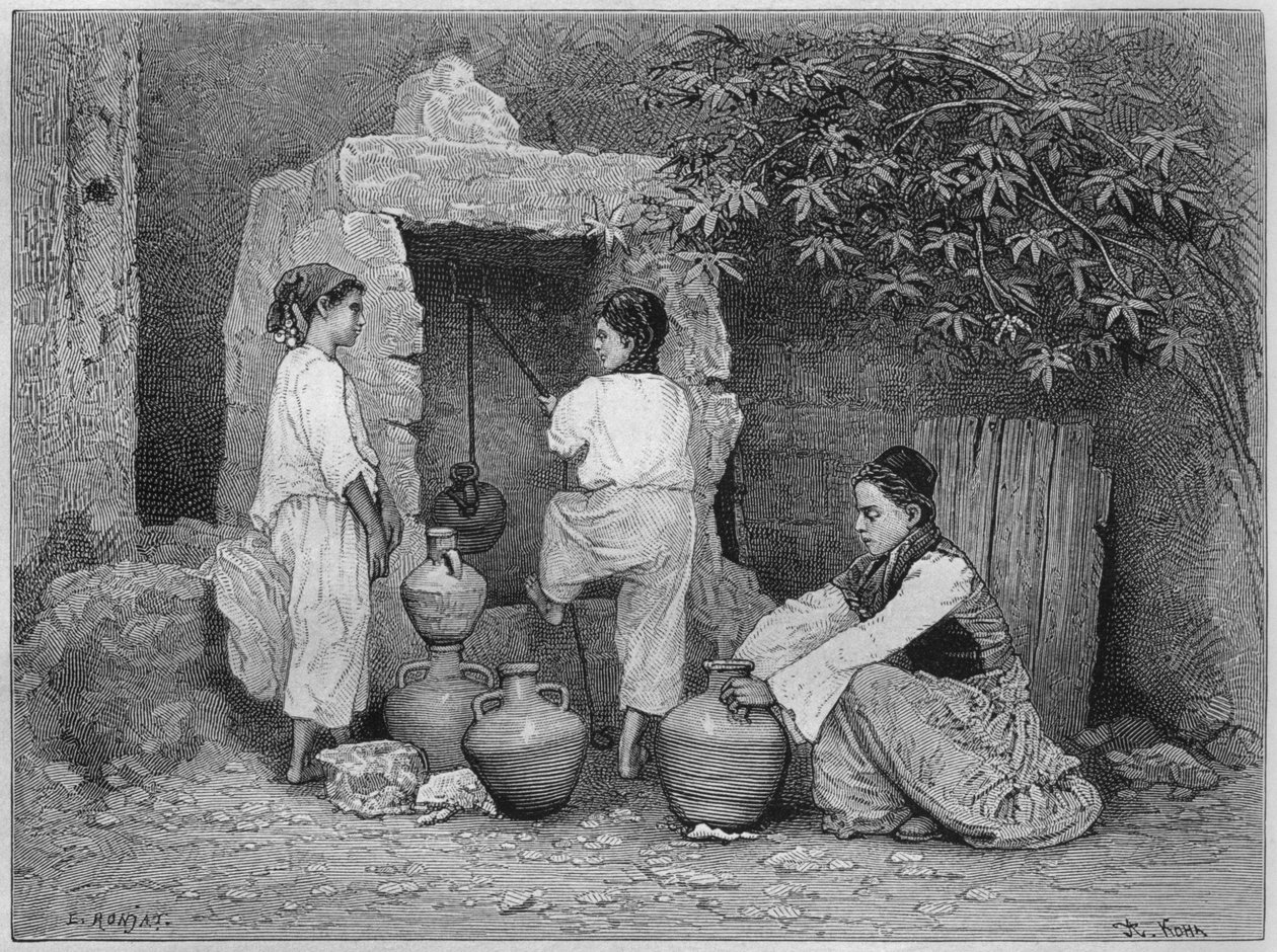 At the well, St. Jean dAcre, from La Syrie daujourdhui. Voyages dans la Phenicie, le Liban et la Judee. 1875-1880 by Louis Charles Emile Lortet, 1884 by French School