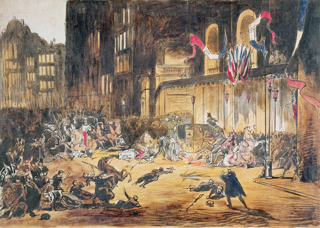 Attempt on the life of Napoleon III and his wife Eugenie by Felice Orsini and three accomplices on 4th January 1858 in Paris by French School