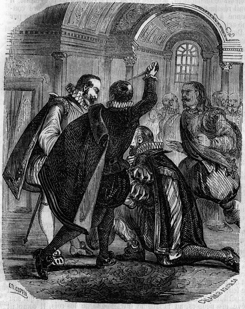 Attempted assassination of Jean Chastel on the King of France Henry IV on 27 December 1594. Engraving of the 19th century by French School
