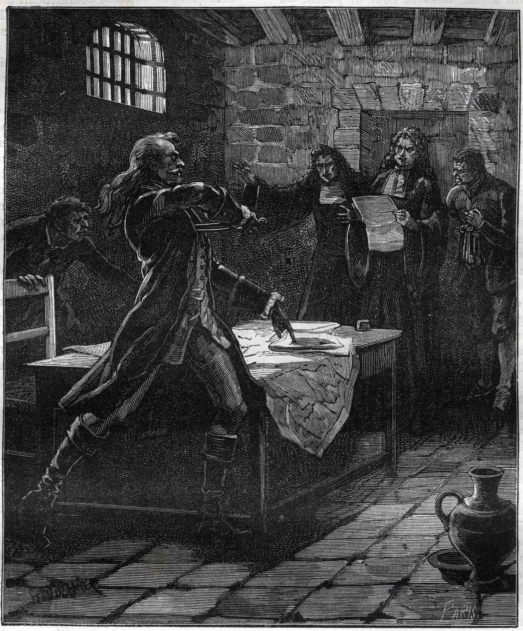 Attempted suicide of Marquis Thomas Arthur, Baron de Tollendal, Count of Lally (1702 - 1766), French general of Irish origin at the time of the announcement of his death sentence for treason by the Paris parliament in 1766. Engraving of the 19th century. by French School
