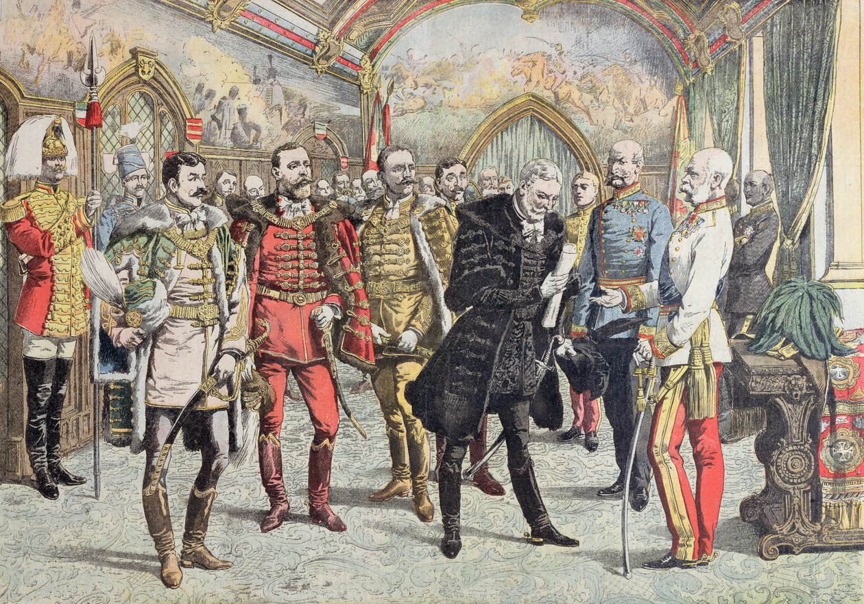 Austro-Hungarian Crisis - reception of Hungarian magnates by Emperor Franz Josef, illustration from Le Petit Journal, 15 October, 1905 by French School