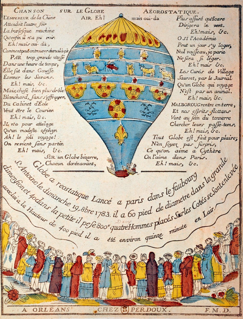 Balloon flight: experience of the Montgolfier brothers on 19 October 1783 in the garden of Monsieur Reveillon, faubourg Saint Antoine in Paris by French School