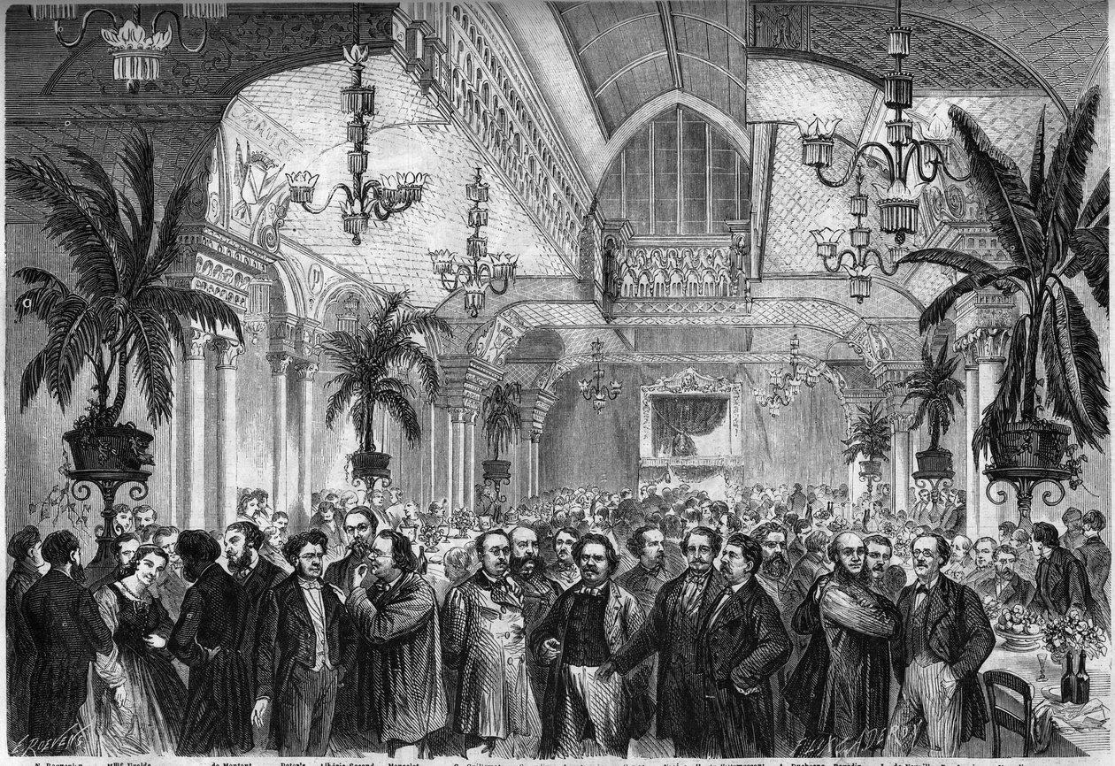 Banquet of the newspaper "Le Figaro", given on February 6, 1864 in the salon of the Restaurant du Passage des Princes in Paris, attended by journalists, writers, artists... Present, from left to right: Nestor Roqueplan, Mme Ugalde, de Montaut, Peter by French School