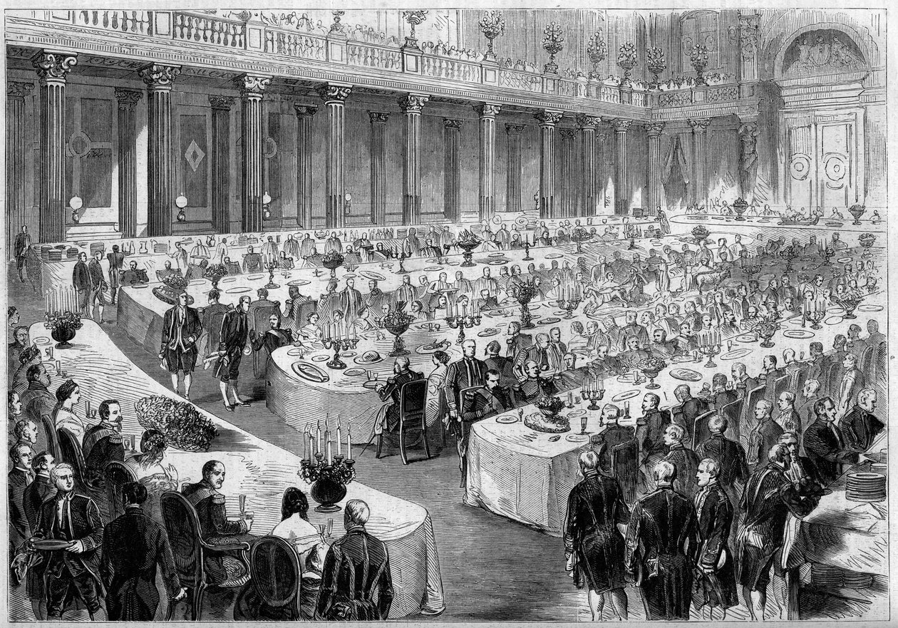 Banquet organized on 14 August 1859 by Napoleon III in the State Hall of the Denon Pavilion in the Louvre (Paris) in honour of the soldiers of the Italian army after their victory at the Risorgimento in 1859. Engraving in Le Monde Illustré n°124 of 27 by French School