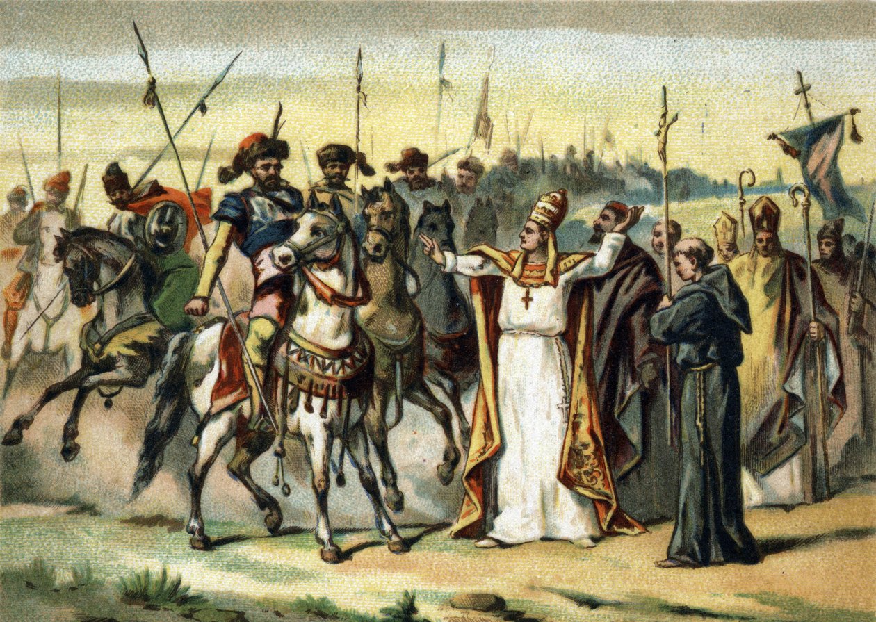 Barbarian invasions - Attila and Saint Leon I the Great (440-461): the barbarian Attila, leader of the Huns people, meets Pope Saint Leon the Great who managed to convince him to spare Italy. Chromolithography of the late 19th century by French School