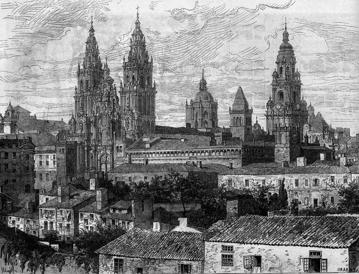 Baroque Art: View of the Cathedral of Santiago de Compostela, Spain - Engraving in 