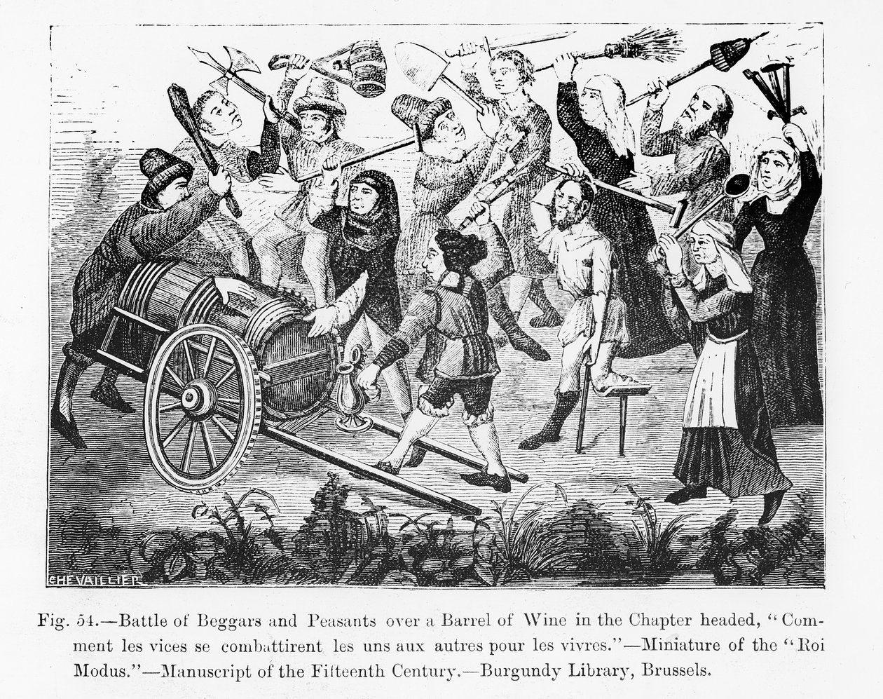 Battle of Beggars and Peasants over a Barrel of Wine, from the Book of King Modus, illustration from Science and Literature in the Middle Ages and the Renaissance, written and engraved by Paul Lacroix by French School