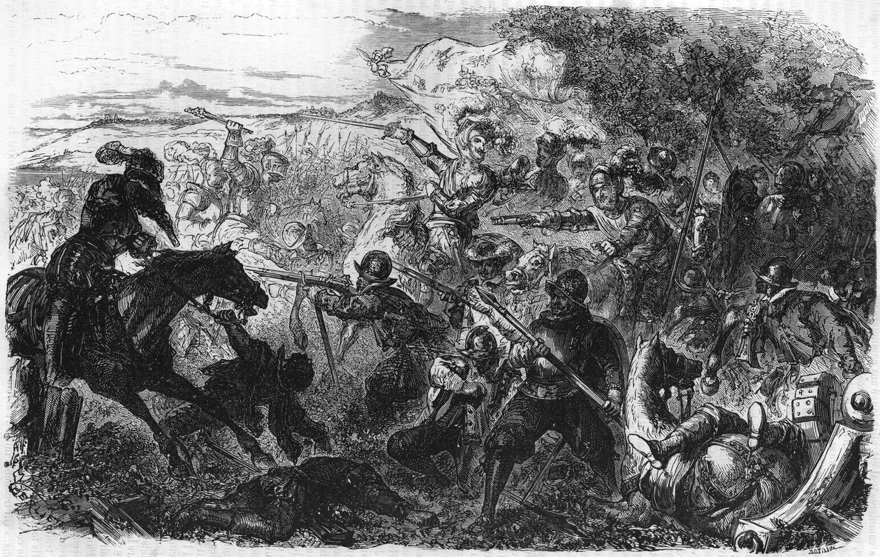 Battle of Coutras in 1587, won by Henri de Navarre, future Henry IV. In “Histoire Populaire de la France”, sd. circa 1885. Engraving by French School