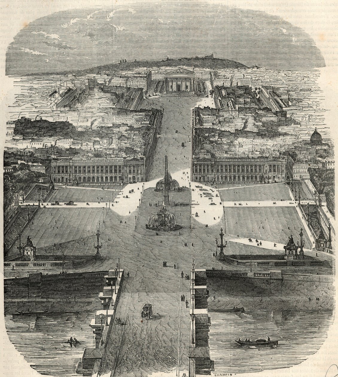 Bird view of Place de la Concorde, Rue Royale with the Church of the Madeleine - Engraving in 