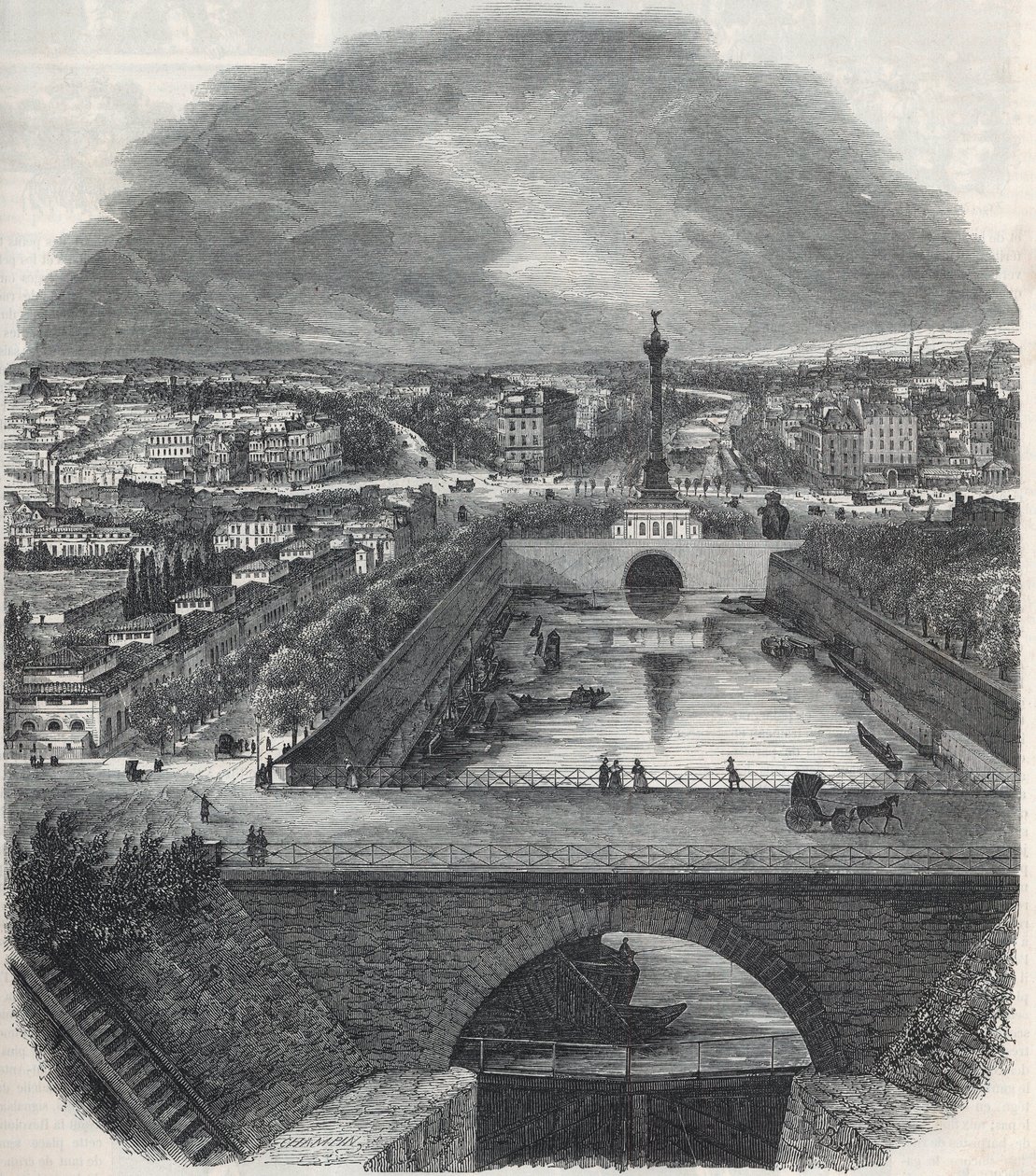 Bird view of the Canal Saint-Martin (Saint Martin), the Place and the Bastille district, taken from the right bank of the Seine - Engraving in 