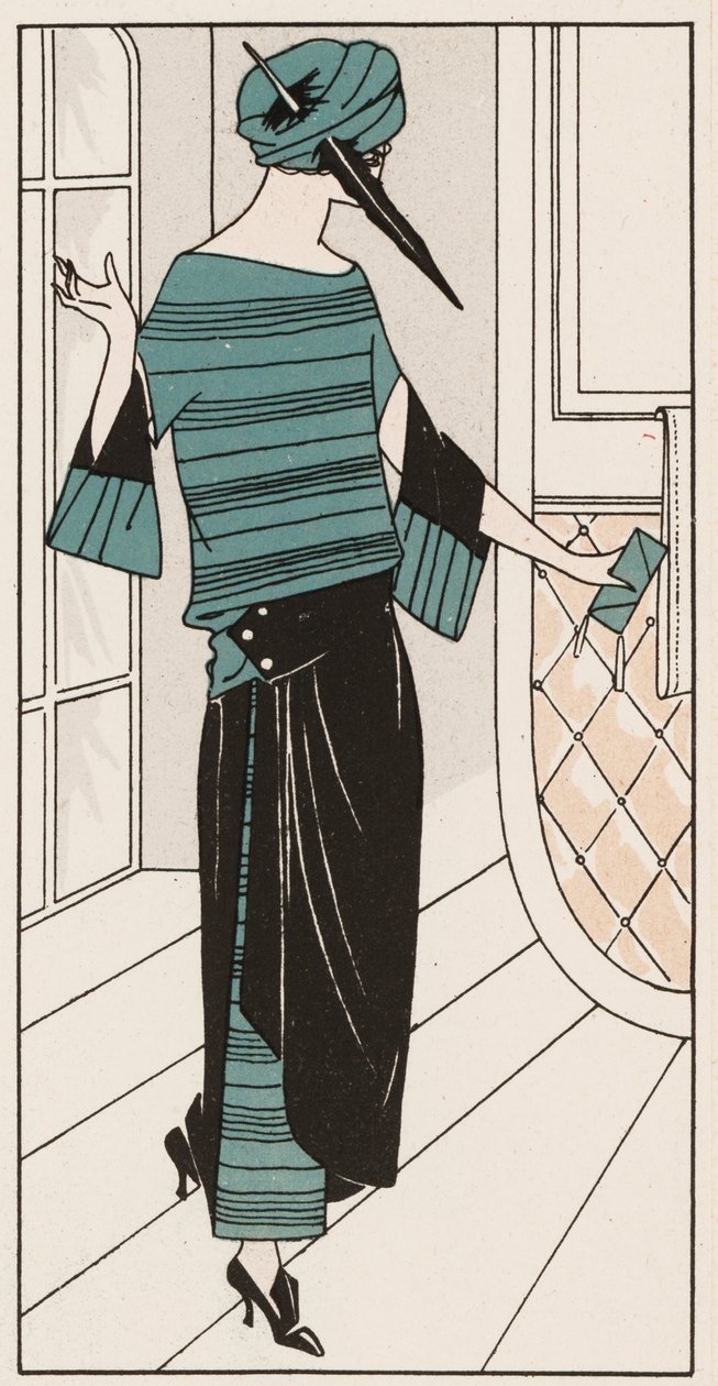 Black and turquoise Crepe de Chine dress from the 1920s by French School