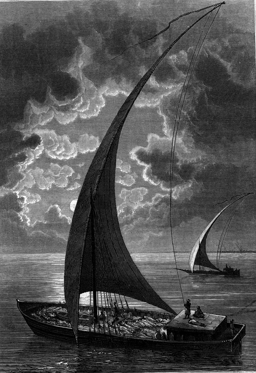 Boat (felouque) on the Nile, Egypt. Engraving in 
