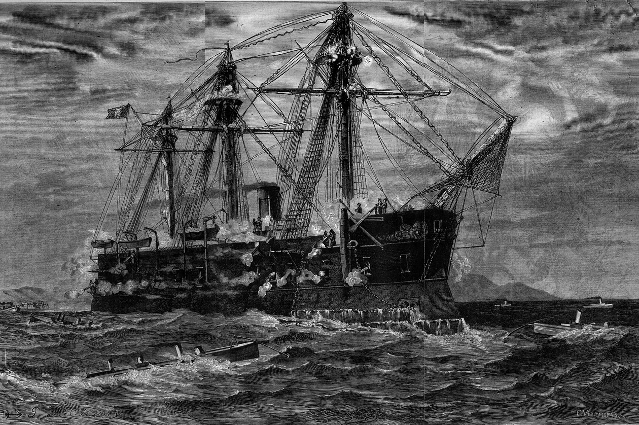 Boat ship attacked by torpedo boats by French School