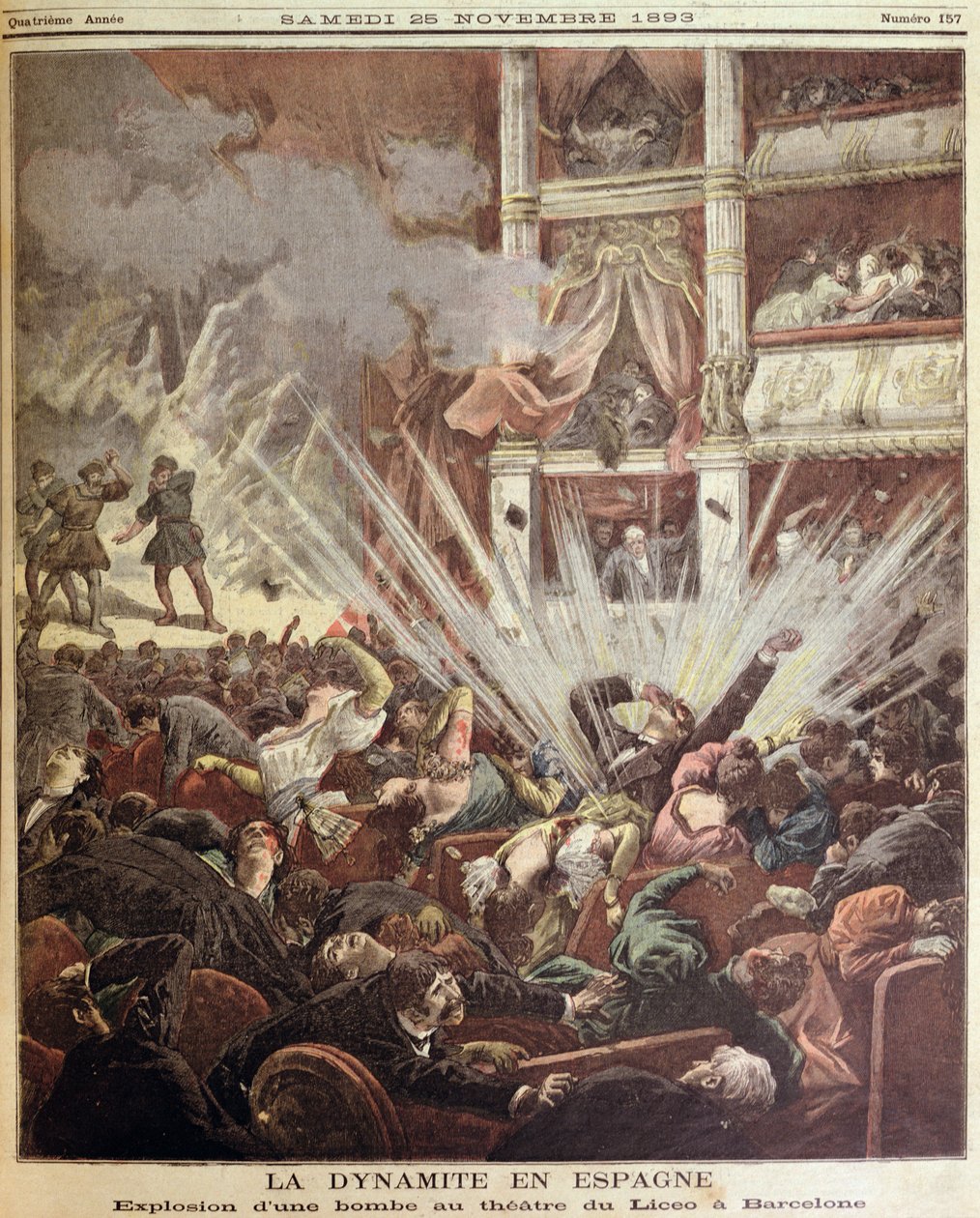 Bomb explosion in the Liceo Theatre, Barcelona, illustration from Le Petit Journal, 25th November 1893 by French School