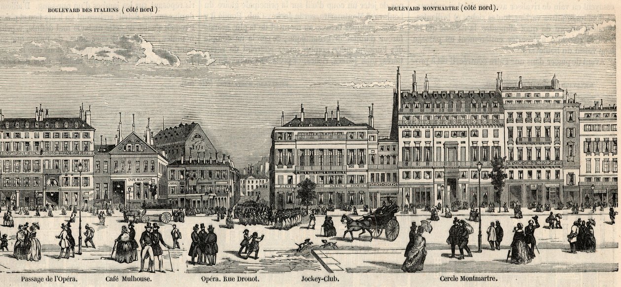 Boulevard des Italiens et boulevard Montmartre - Cafe Mulhouse - Cercle Montmartre - Jockey club - Engraving in 