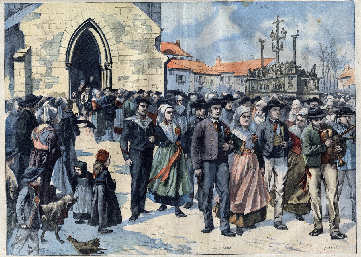 Breton Custom: Traditional Marriage in Plougastel (Finistere, Brittany). Marriages Leave the Church. Engraving in Le Petit Parisien by French School