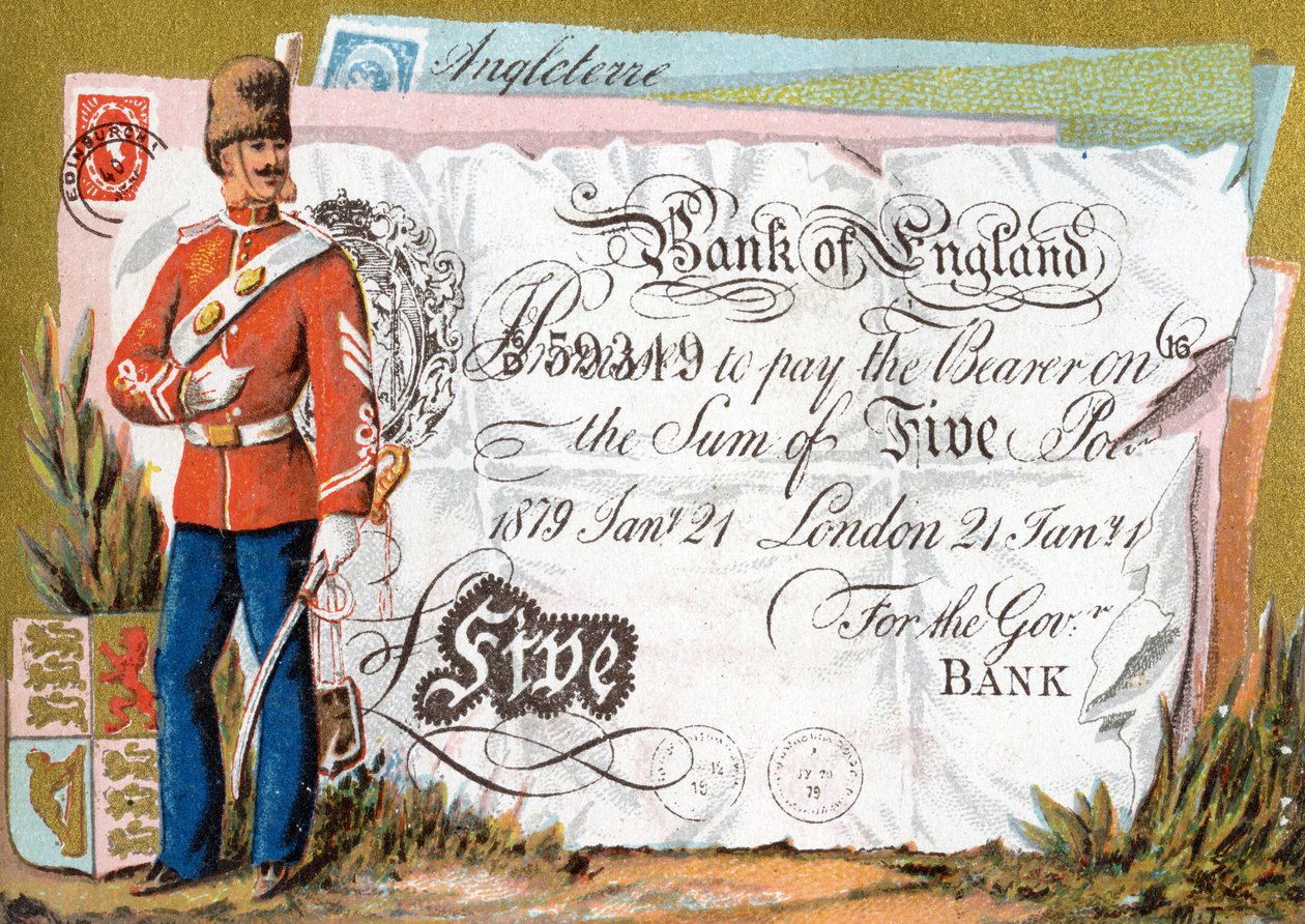 British army soldier guarding a Bank of England Five Pound Note, 1886-95 by French School