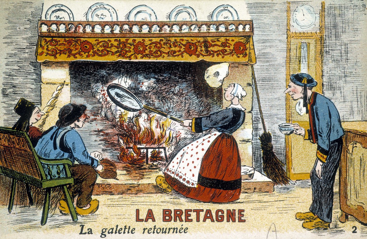 Brittany: the galette returned to the chimney (crepes) - postcard, early 20th century by French School