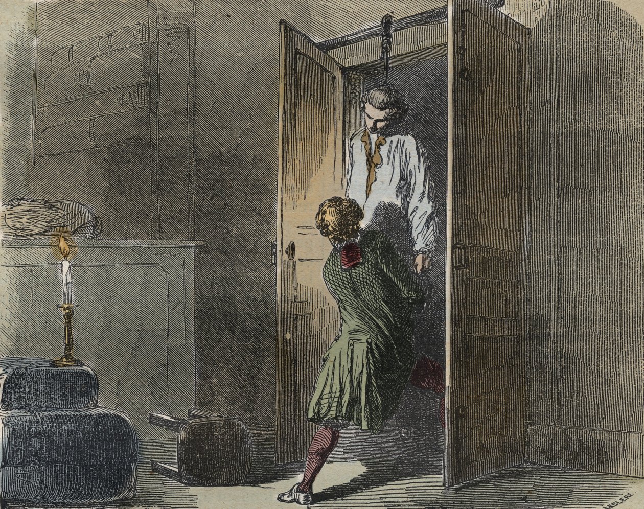 Calas case: on 13 October 1761, Marc Antoine Calas is found hanged in the family boutique in Toulouse - Engraving in 