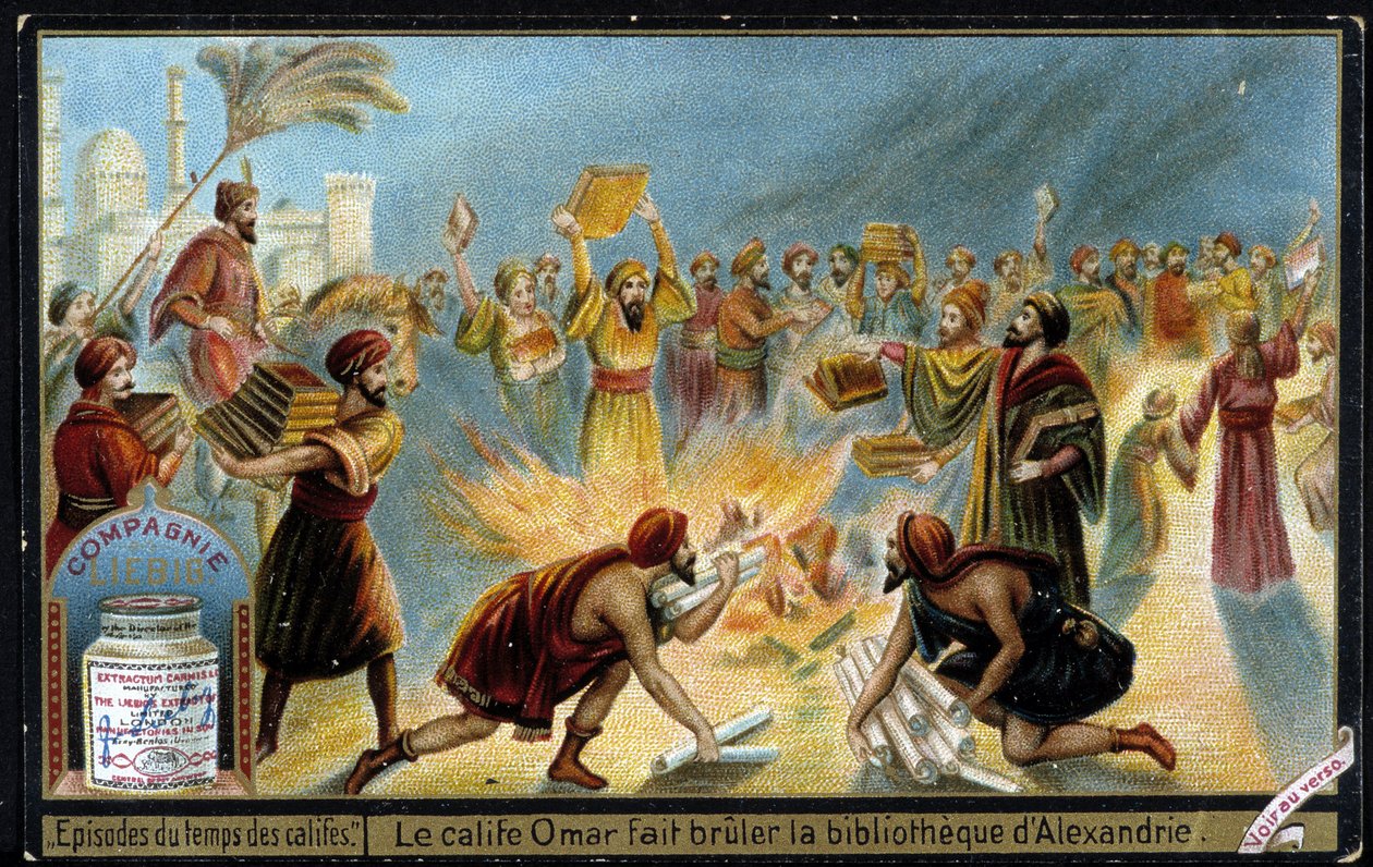 Caliph Omar burns the library of Alexandria - Liebig advertising vignette by French School