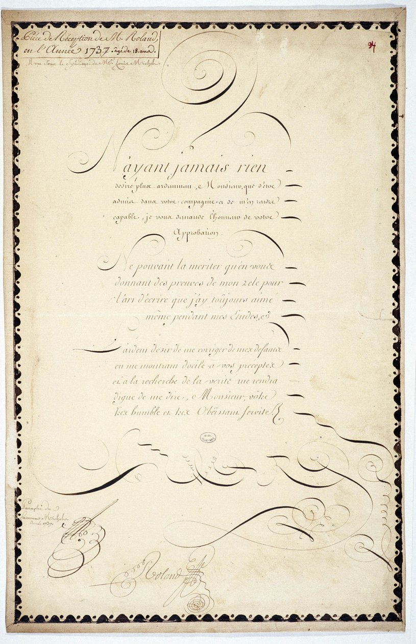 Calligraphy: Reception piece dated 1737 by Andre Francois Roland by French School