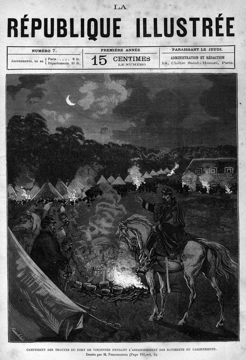 Camp of the Troops of Fort de Vincennes During the Cleanup of the Quartering Buildings. A Newspaper. Engraving from 1880 in 