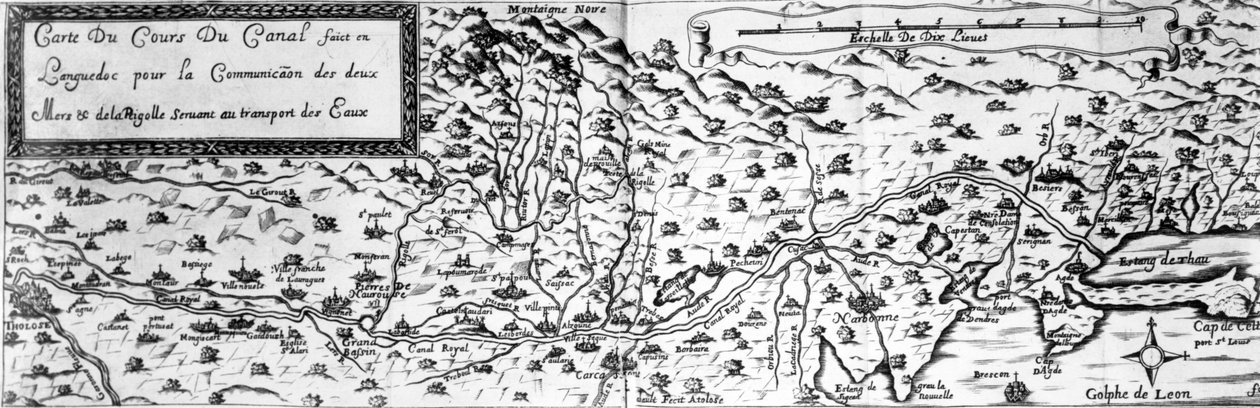 Canal du Midi, linking the Atlantic to the Mediterranean, beginning at Toulouse and ending, after Agde, at the Etang de Thau by French School