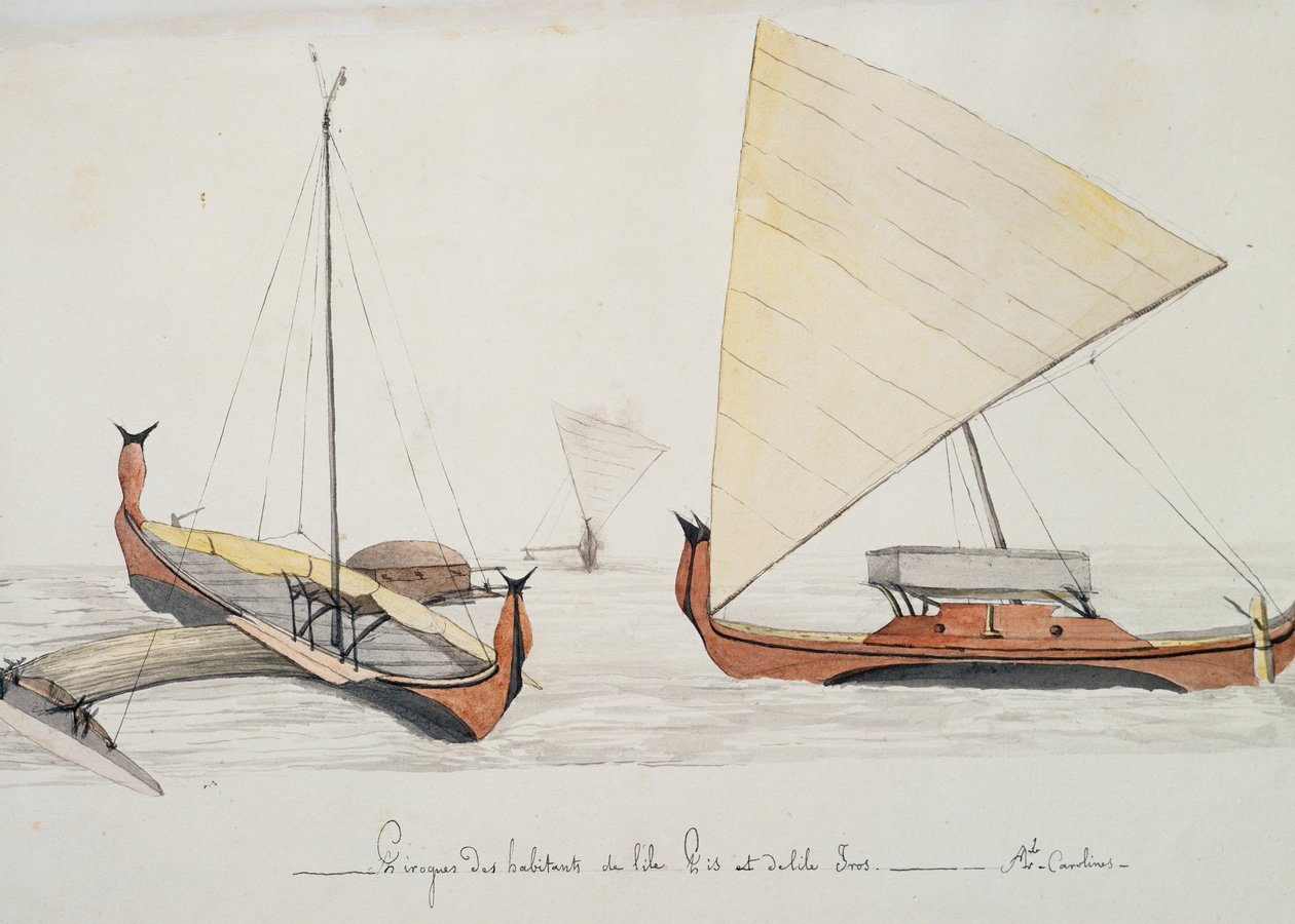 Canoes of inhabitants of Pis and Iros Islands (Caroline Islands), watercolor painting by Jules-Louis Lejeune, from Duperrey