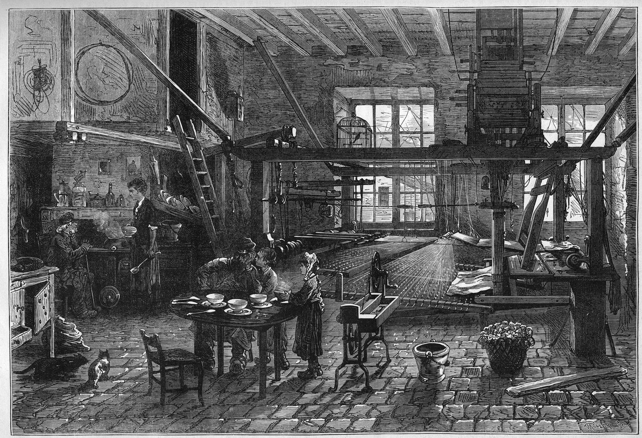 Canut workshop. Interior of a silk weaver workshop in Lyon during a crisis at the end of the 19th century. Engraving in Le Monde Illustré n°1039 of 10 March 1877 by French School
