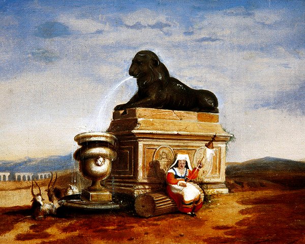 Capriccio of Roman remains with an Italian peasant woman spinning, c.1825 by French School