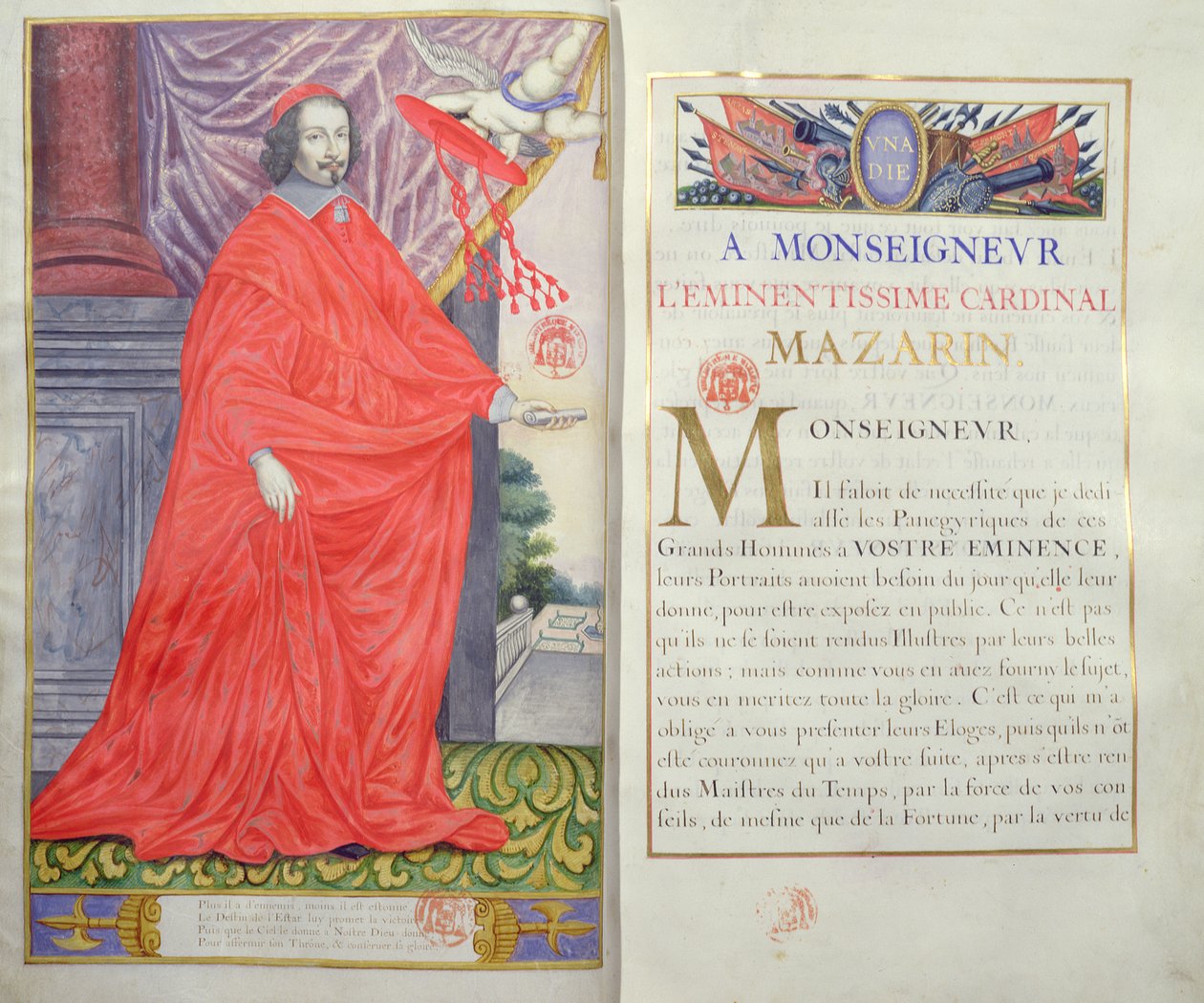 Cardinal Mazarin, Illustration and Dedication from Les Panegyriques des Hommes Illustres de Notre Siecle by Puget de la Serre, 1655 by French School