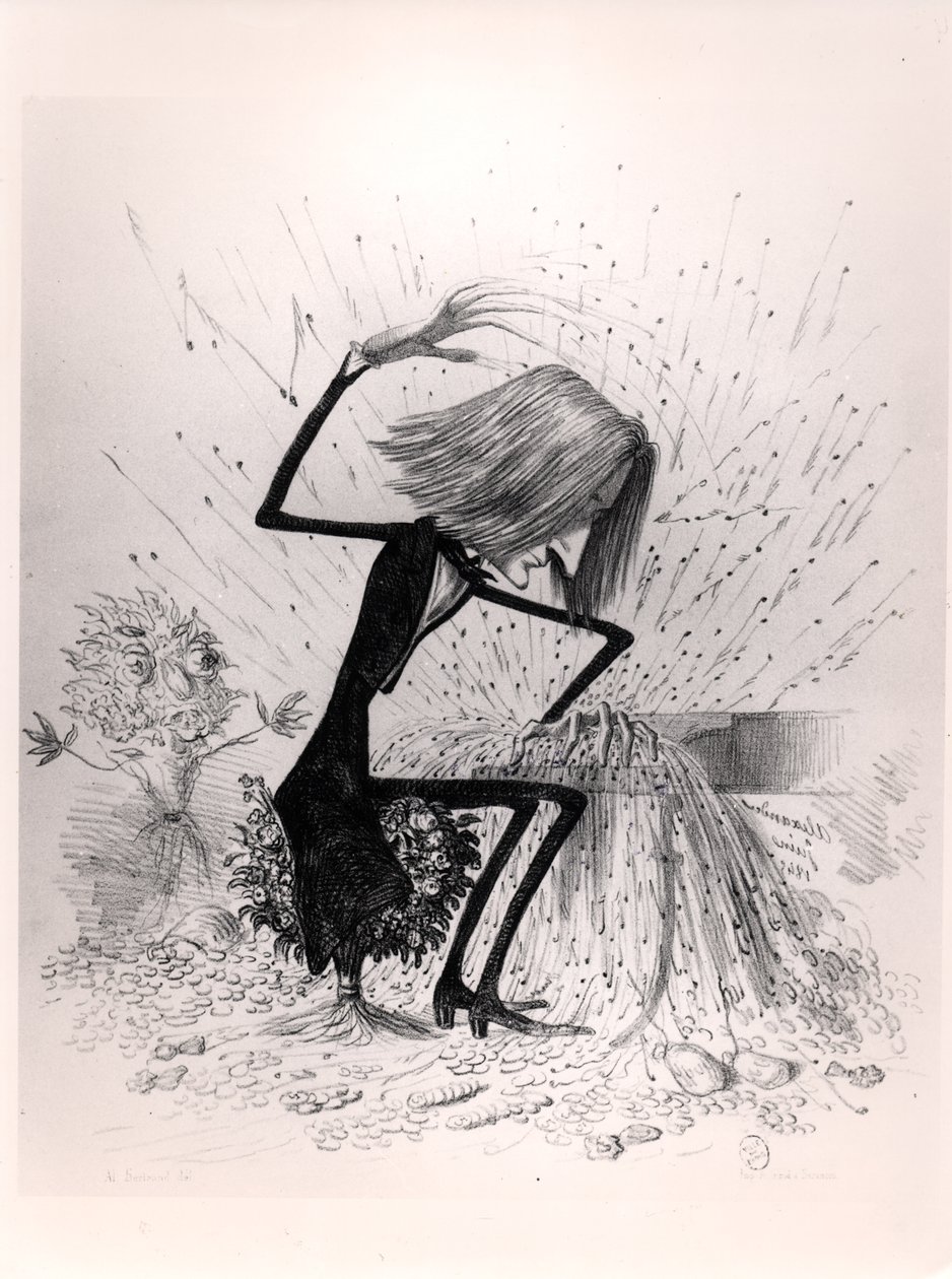 Caricature depicting Franz Liszt (1811-86) playing the piano, 1845 by French School