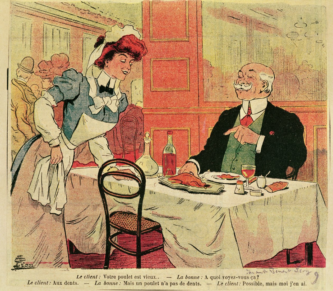 Caricature of customer and waitress in a restaurant, c.1905  by French School