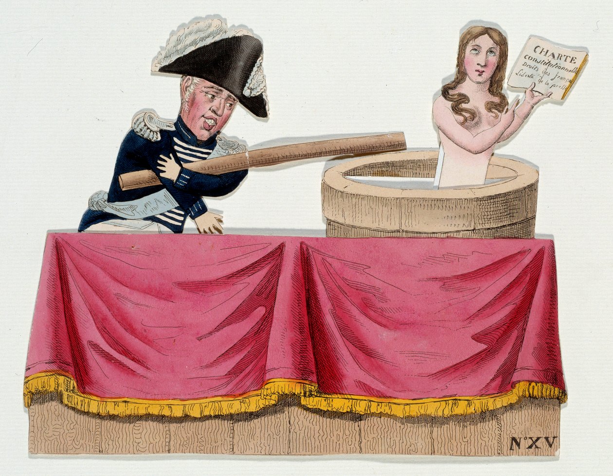Cartoon depicting King Charles X in the form of guignols denying the constitutional charter at the time when the king abolished press freedom in July 1830 by French School