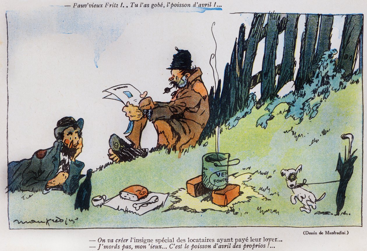 Cartoon depicting two tramps, from the April Fools Day edition of La Baionette magazine, 29 March 1917 by French School