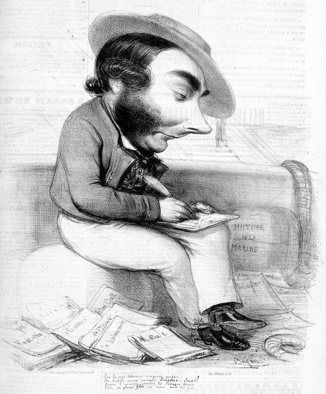 Cartoon of Eugène Sue writing, surrounded by his publications serials in the press - in 