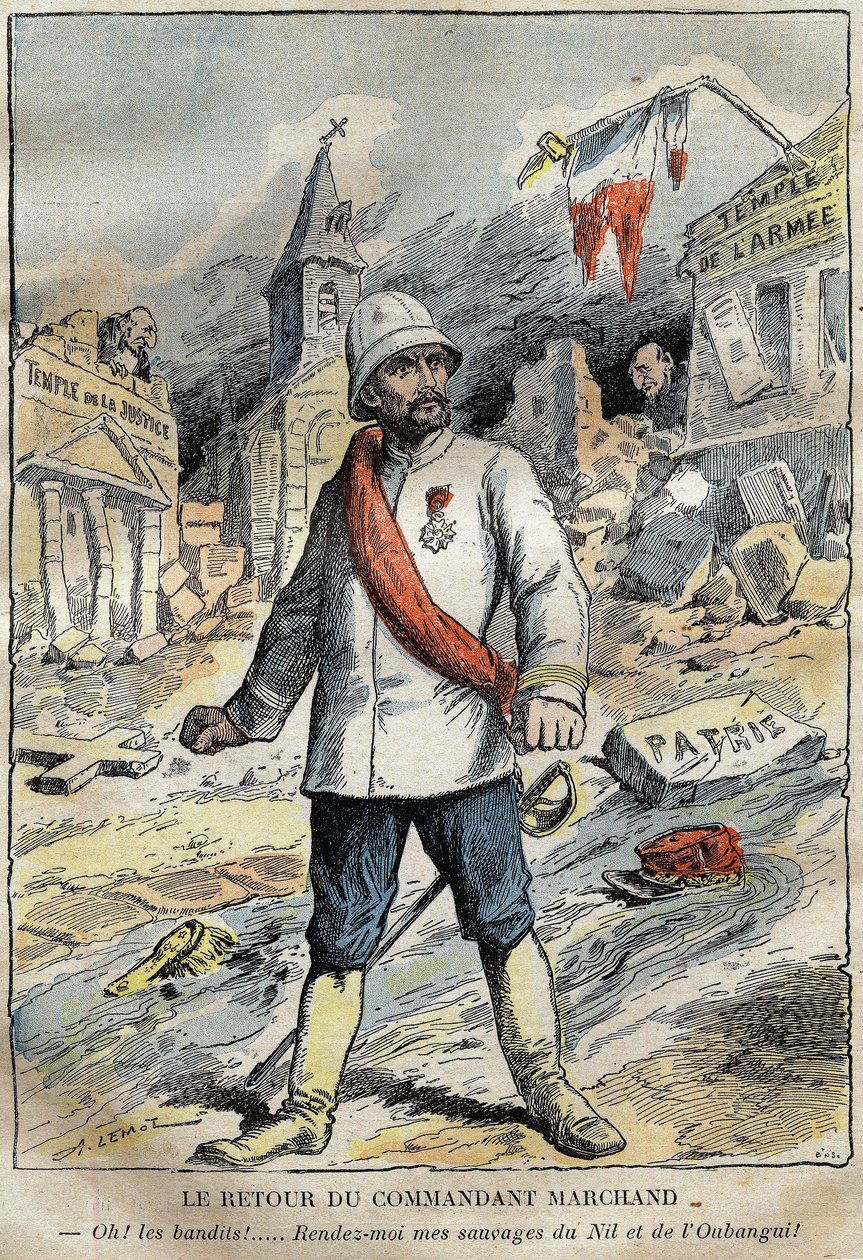 Cartoon on commander Jean-Baptiste Marchand, in Toulon, returning from an exploration mission in Africa. Engraving in 