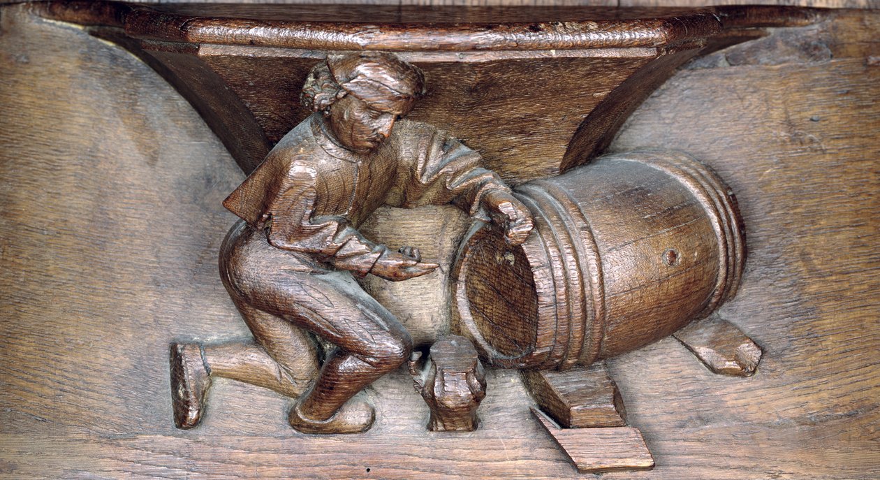 Carving depicting a man putting a tap on a barrel, from a choir stall from the Abbey of St. Lucien in Beauvais by French School