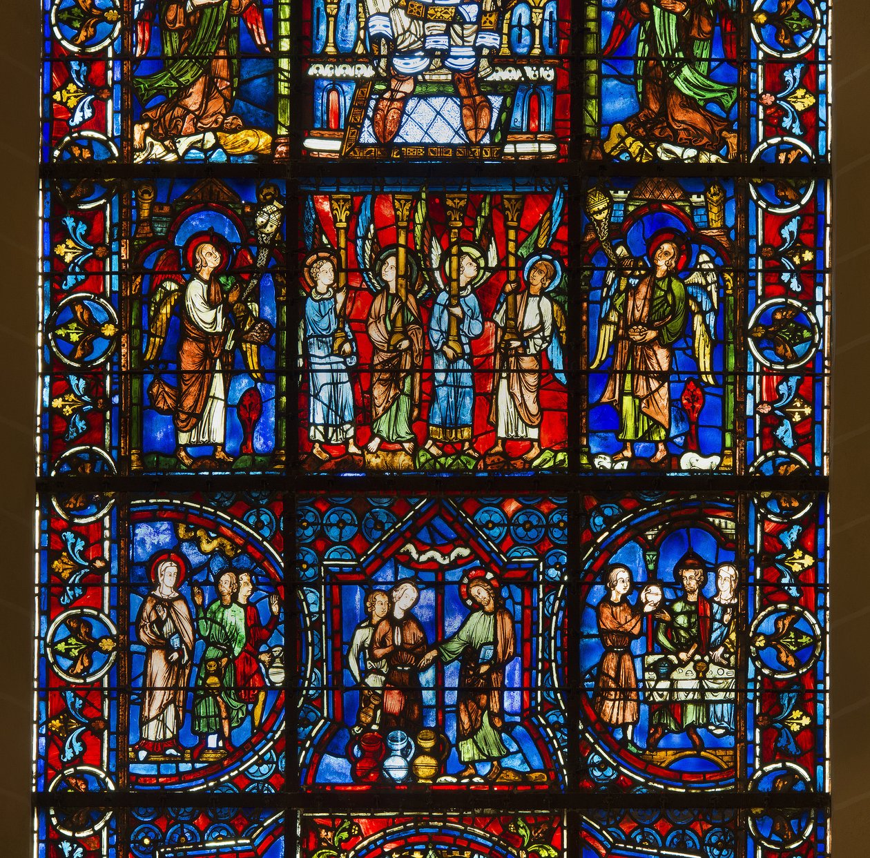 Cathedrale de chartres, stained glass: our lady of the beautiful glass with below the public life of christ detail center by French School