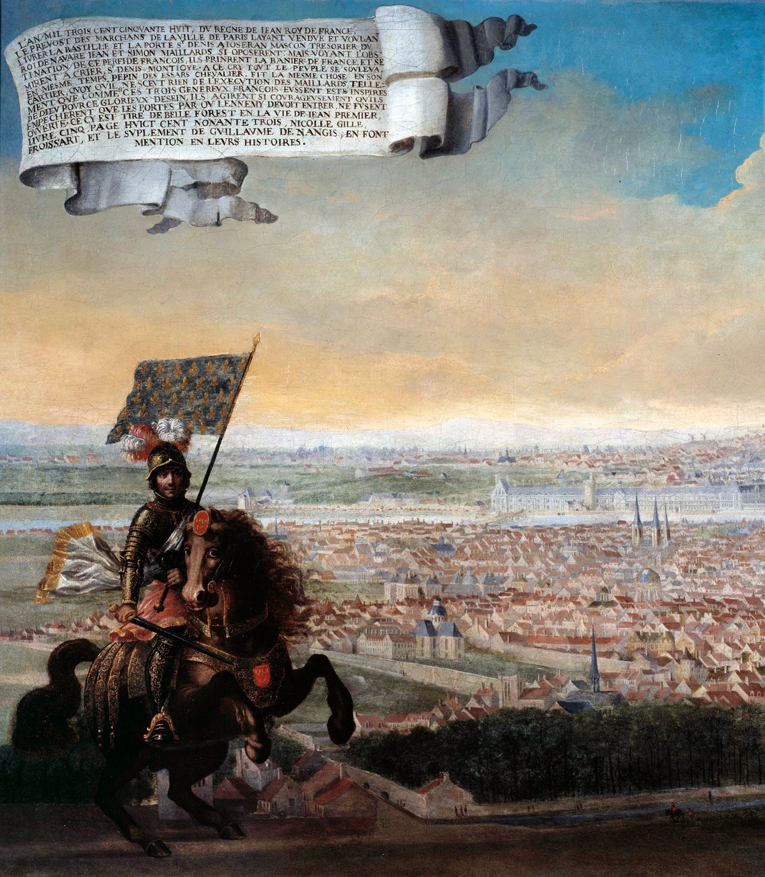 Cavalier view of Paris from the Faubourg Saint Jacques Commemoration of the defence of Paris by Chancellor Pepin des Essarts after the betrayal of Etienne Marcel, in 1358 (detail) by French School