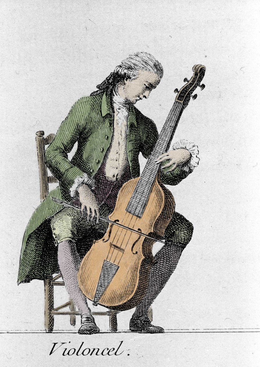 Cello player. Engraving from the late 18th century by French School