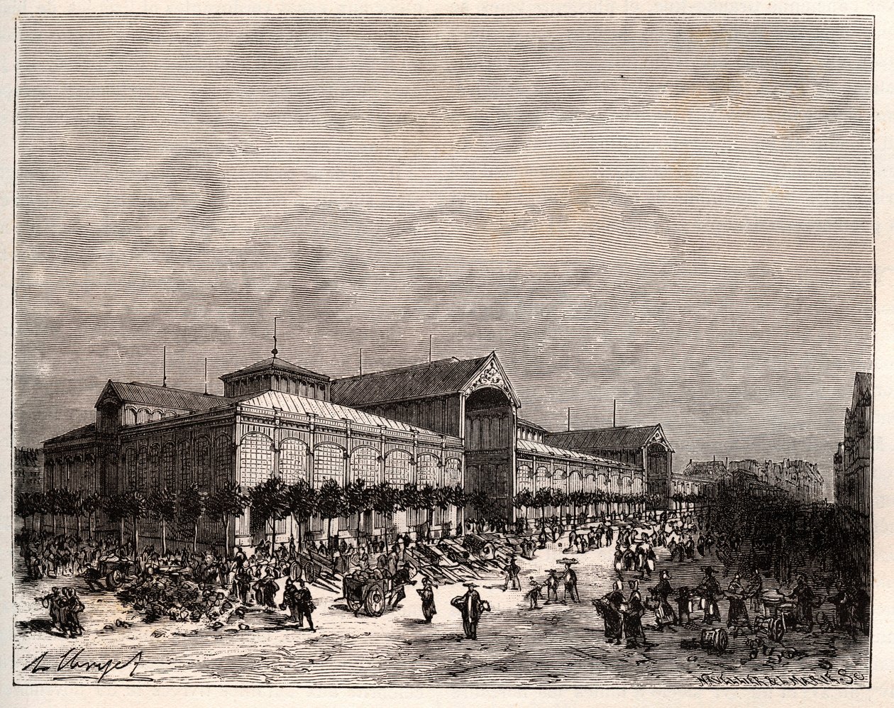 Central halles in Paris in the 19th century by French School