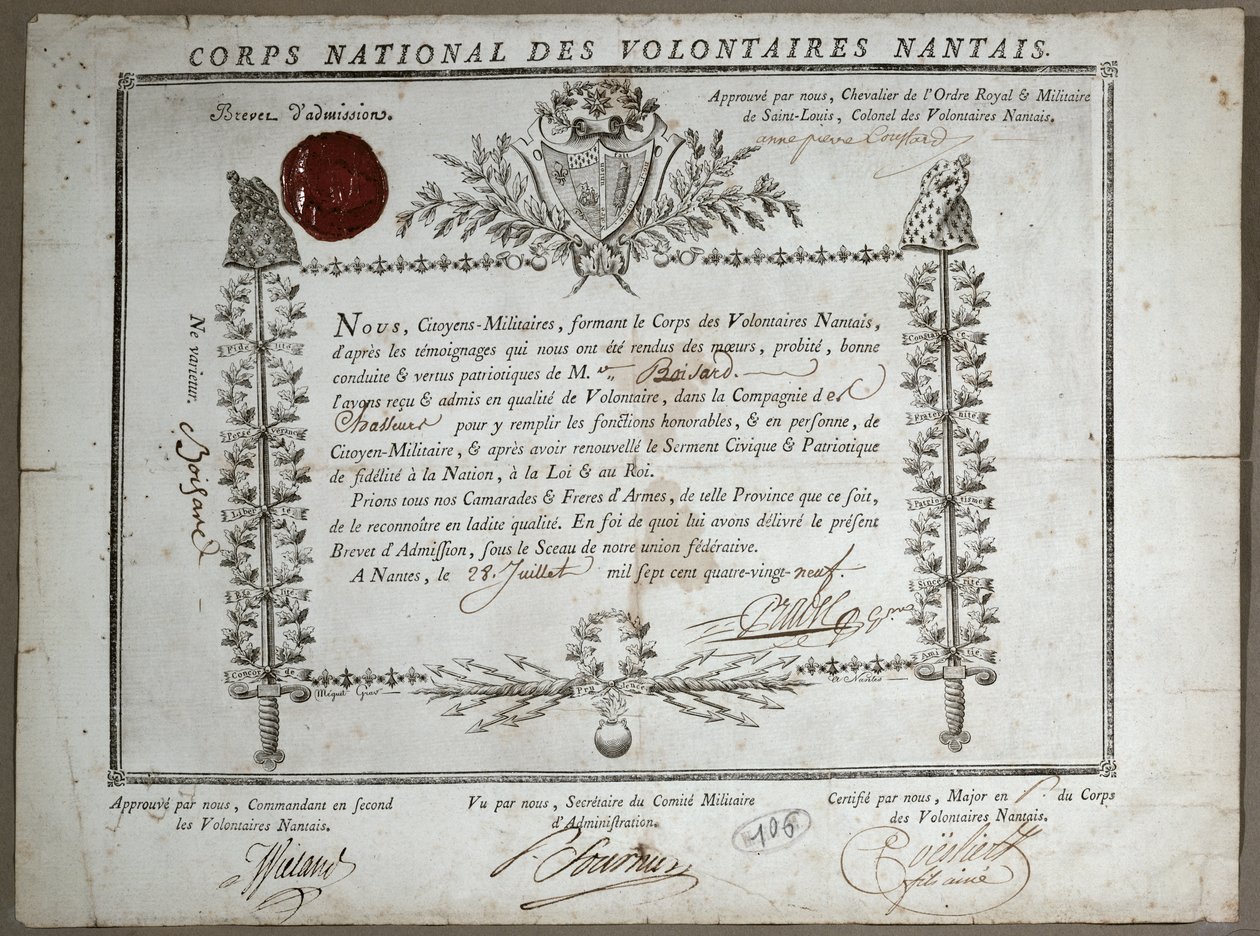 Certificate of Admission to the National Guard of Volunteers of Nantes, 1789 by French School