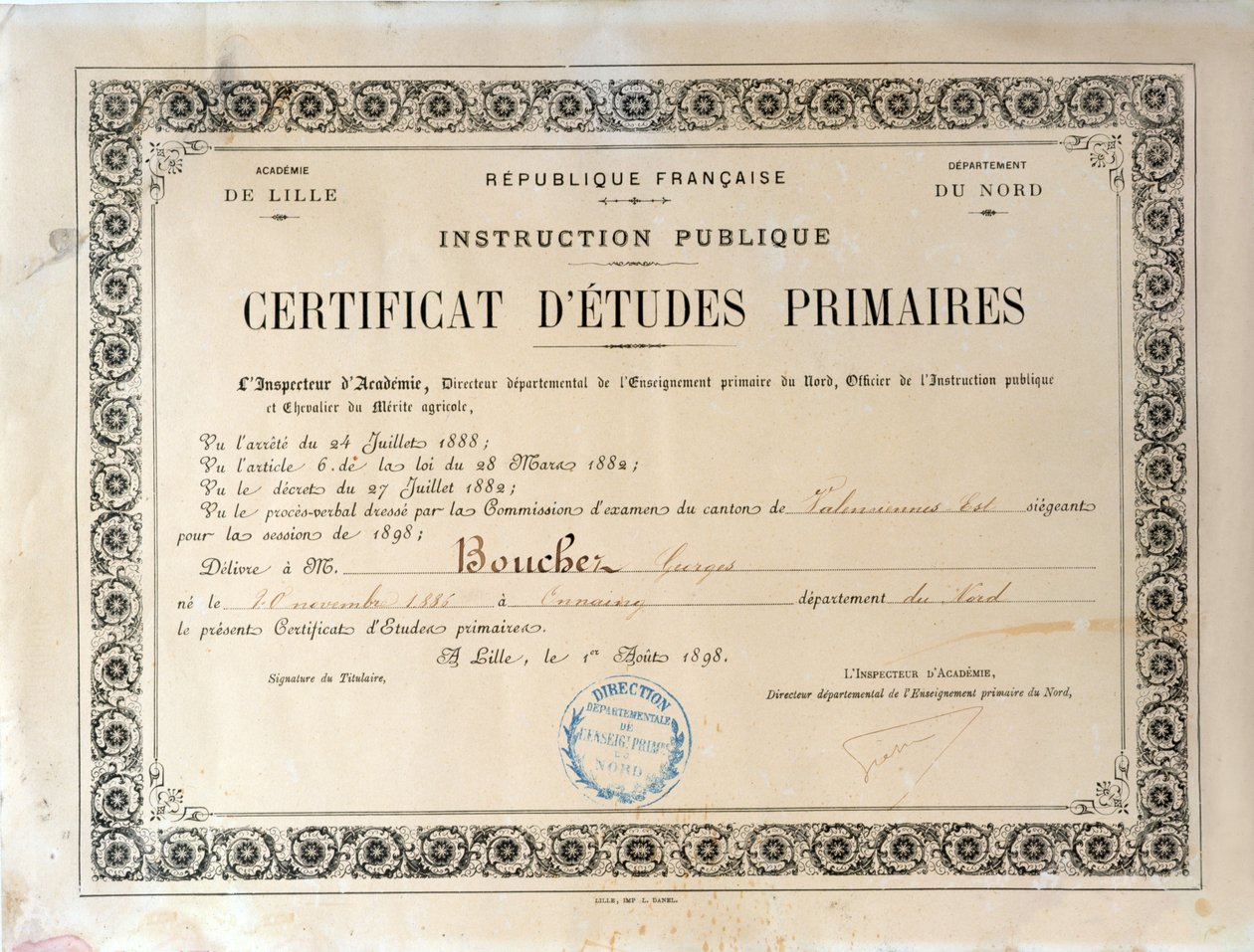 Certificate of Primary Education, Academie de Lille, 1898 by French School